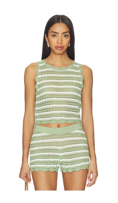 alice + olivia ciara cropped pointelle pullover in sage,white.