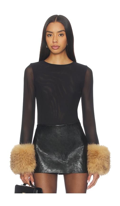 alice + olivia delaina crop top with removeable faux fur cuff in black.