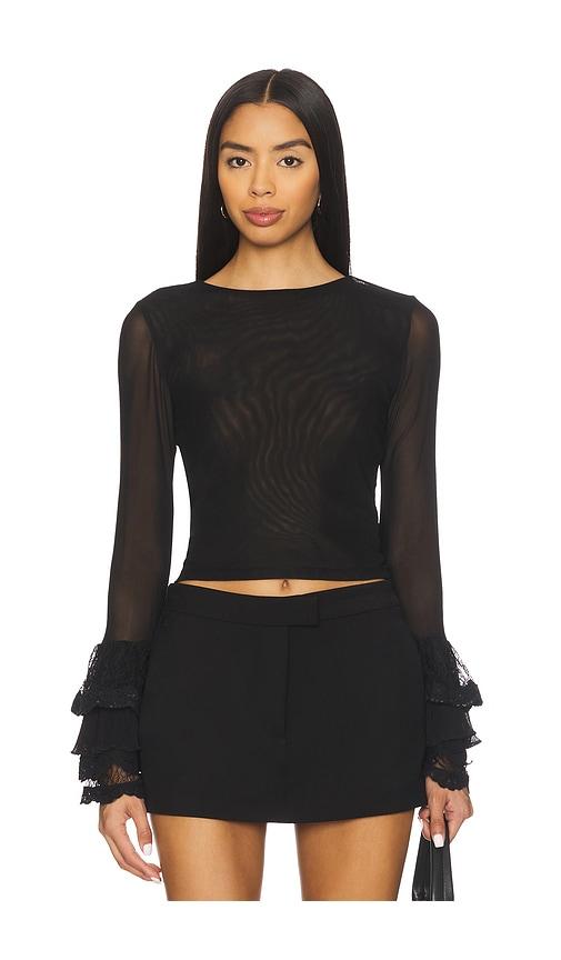 alice + olivia delaina long sleeve crop top with ruffle cuff in black.