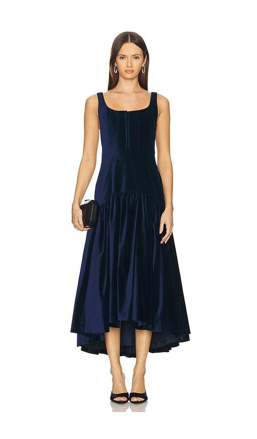alice + olivia diana sleeveless structured midi dress in navy.