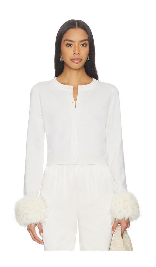 alice + olivia dollie faux fur cuff cardigan in white.