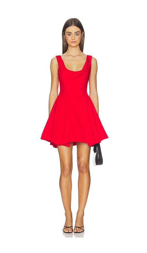alice + olivia estrella draped flare mini dress in red.