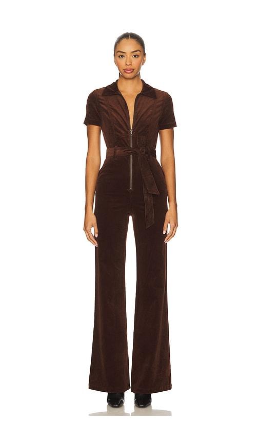 alice + olivia gorgeous wide leg jumpsuit in brown.