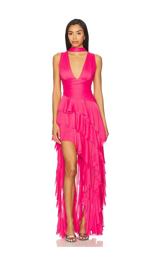 alice + olivia holly ruffle maxi dress with scarf in pink.