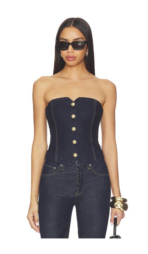 alice + olivia kelcey denim strapless vest top in navy.