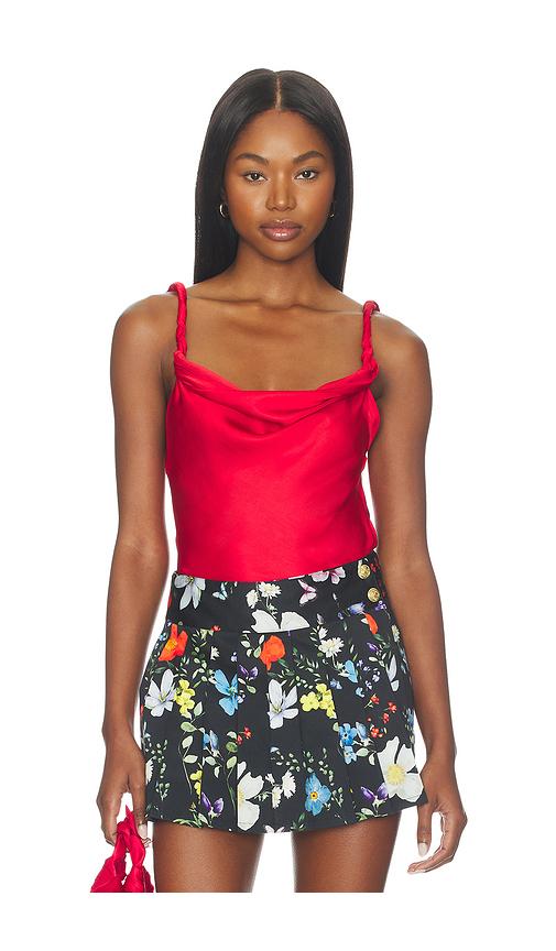 alice + olivia monique twist strap cowl neck tank in red.