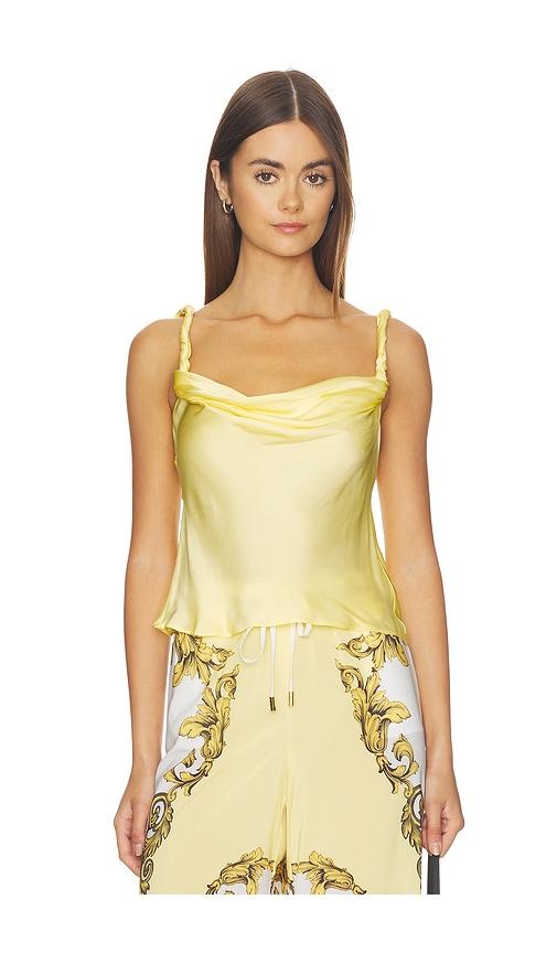 alice + olivia monique twist strap cowl neck tank in yellow.