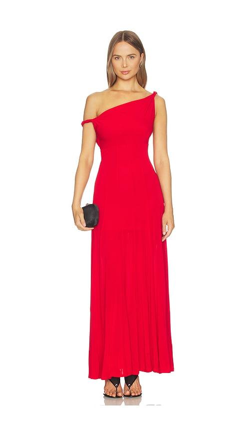 alice + olivia noelia twist strap paneled maxi dress in red.