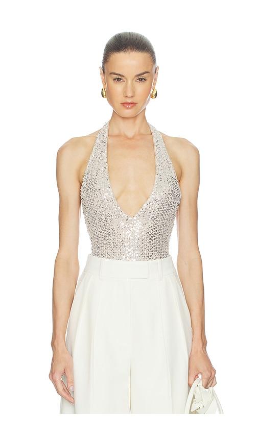 alice + olivia pippa sequin bodysuit in metallic neutral.