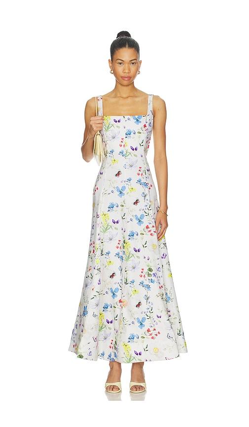 alice + olivia polly seamed drop waist flared ankle length dress in white.