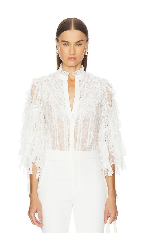 alice + olivia rheba lace ruffle sleeve top in white.