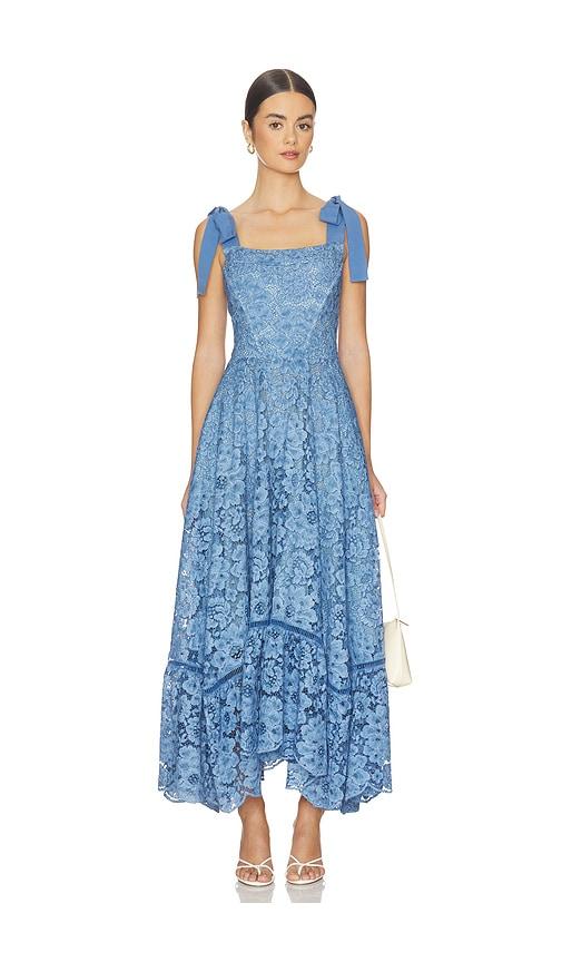 alice + olivia rosalee lace bustier maxi dress in blue.
