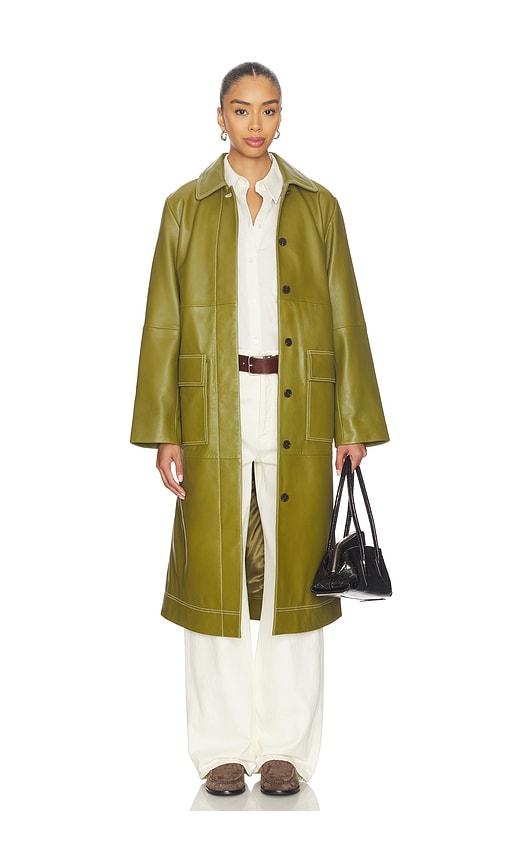 aligne mountain leather coat in olive.