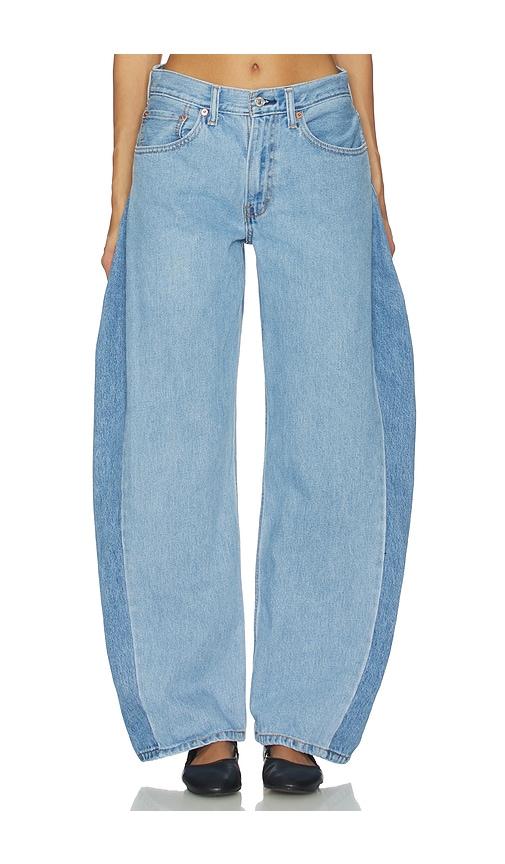 aligrace two tone barrel jeans in blue.