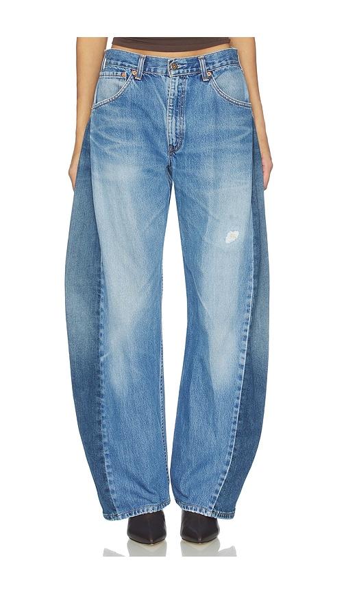 aligrace two tone barrel jeans in blue.