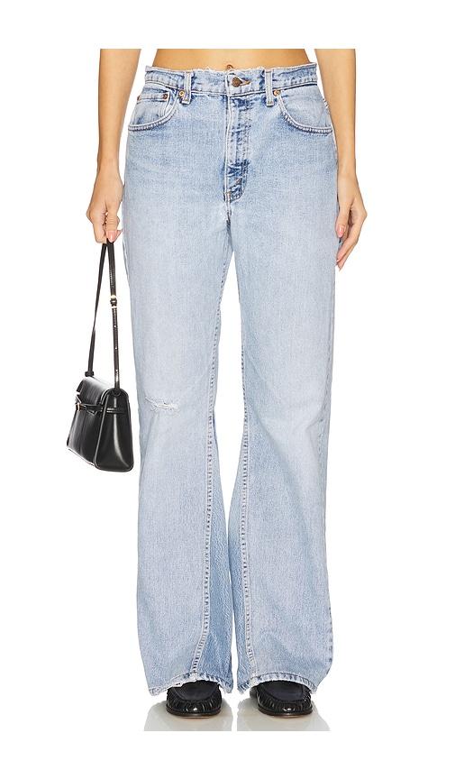 aligrace vintage girlfriend utility jeans in blue.
