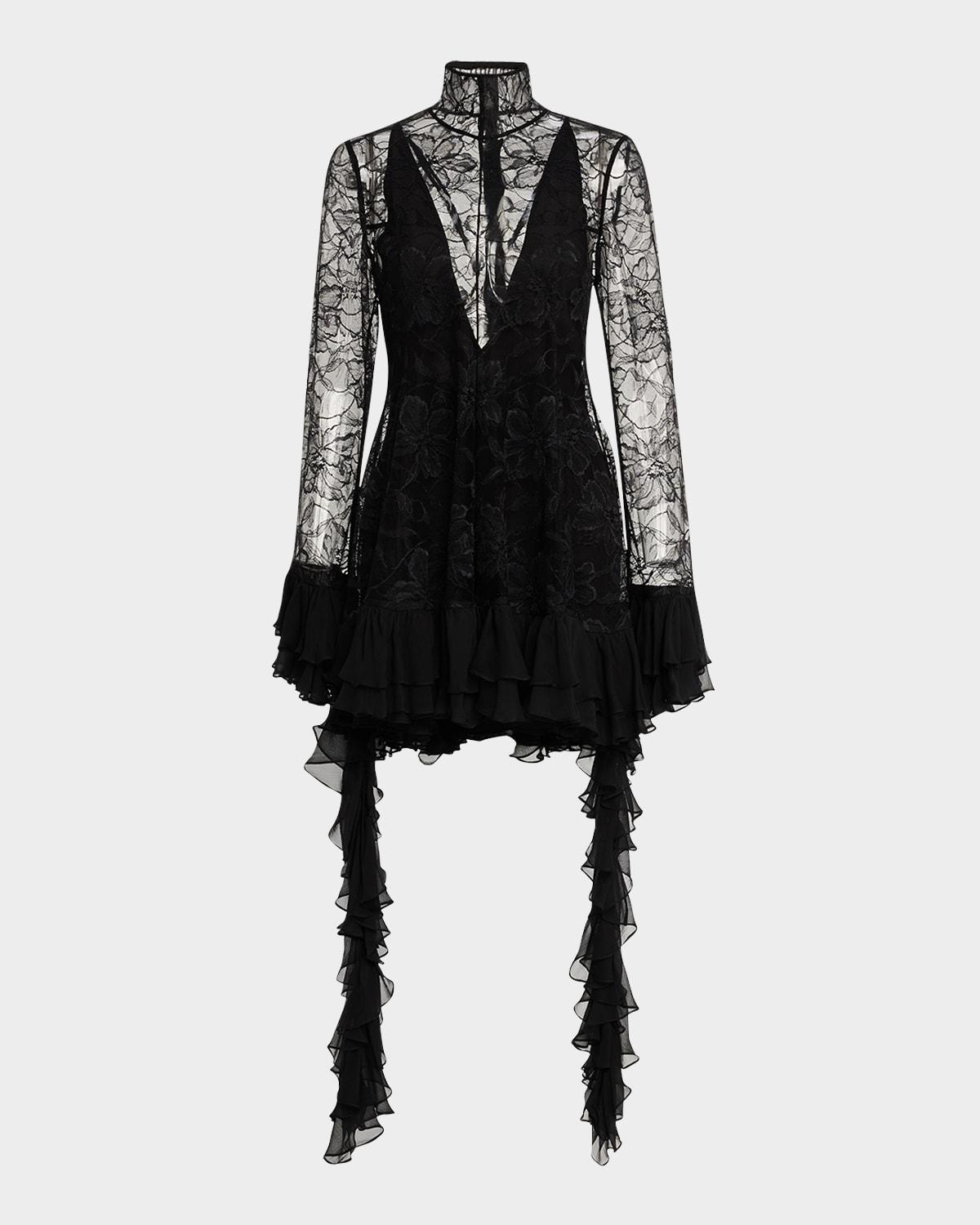 aliya long-sleeve ruffle lace mini dress