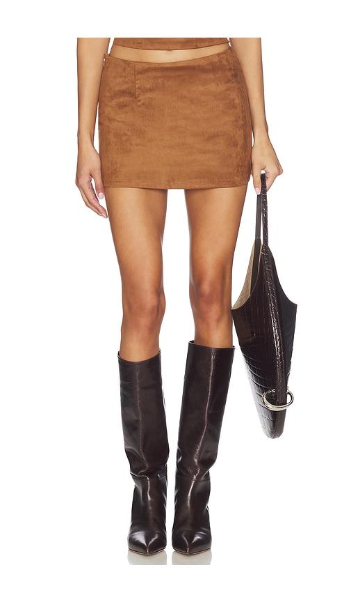 all the ways aiya faux suede skirt in brown.