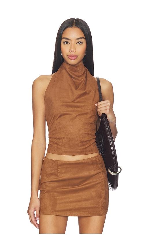 all the ways aiya faux suede top in brown.