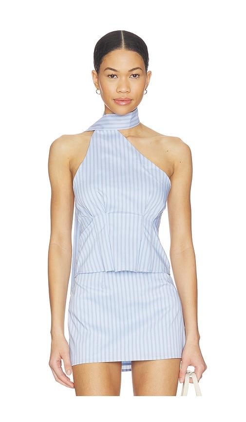 all the ways sandy tie neck top in baby blue.