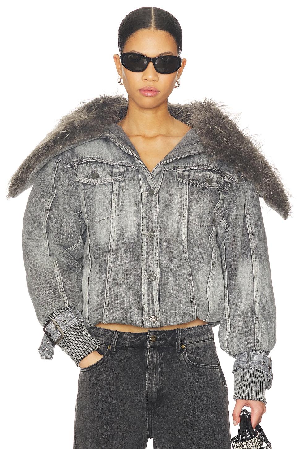 alloy denim bomber jacket with faux fur collar