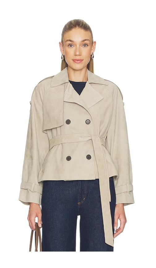 allsaints reed suede jacket in taupe.