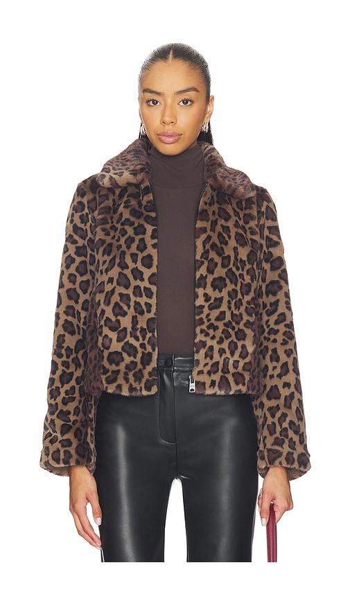 allsaints saye faux fur jacket in brown.