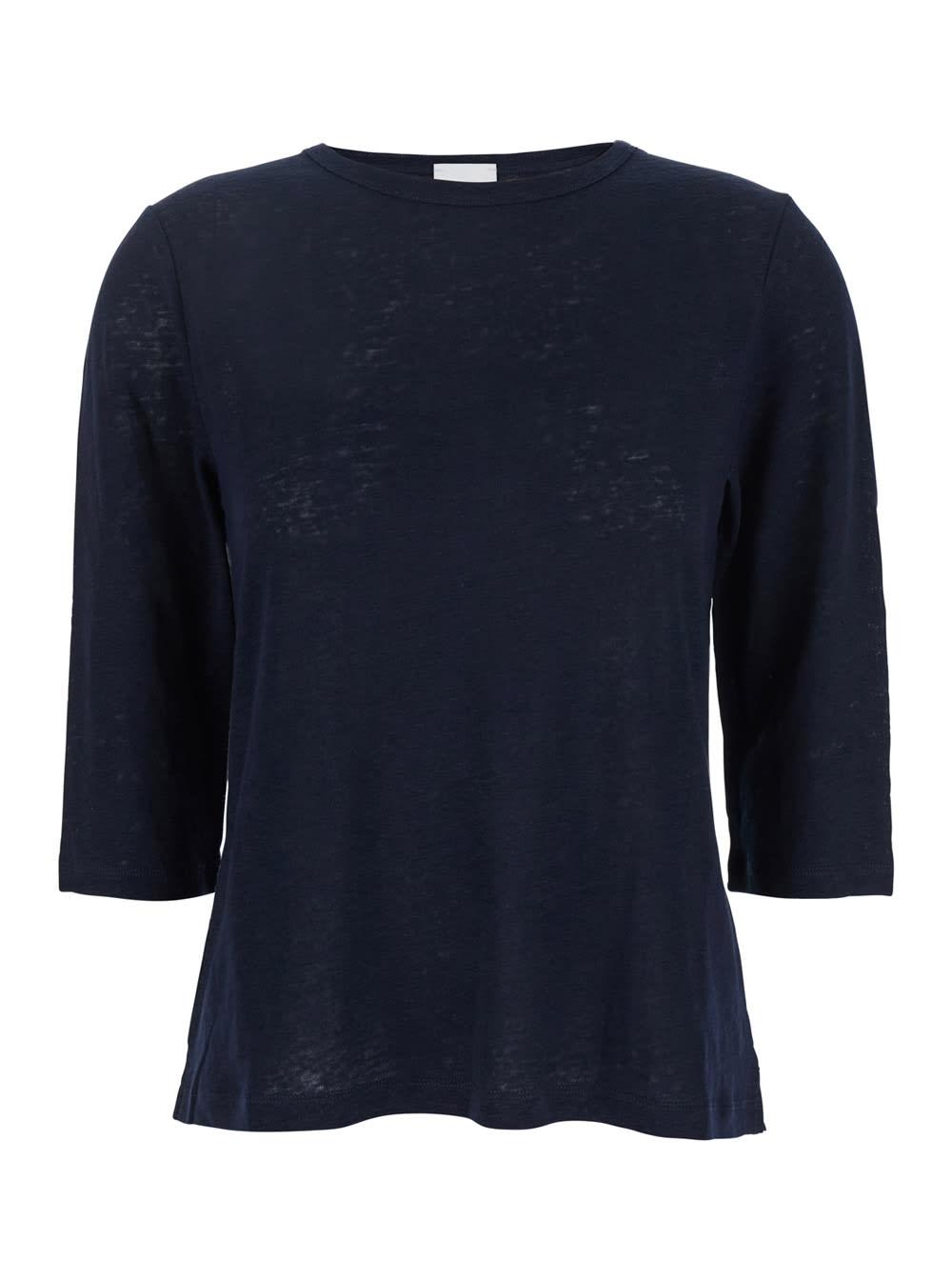 allude blue t-shirt with boat neckline and long sleeves in linen woman