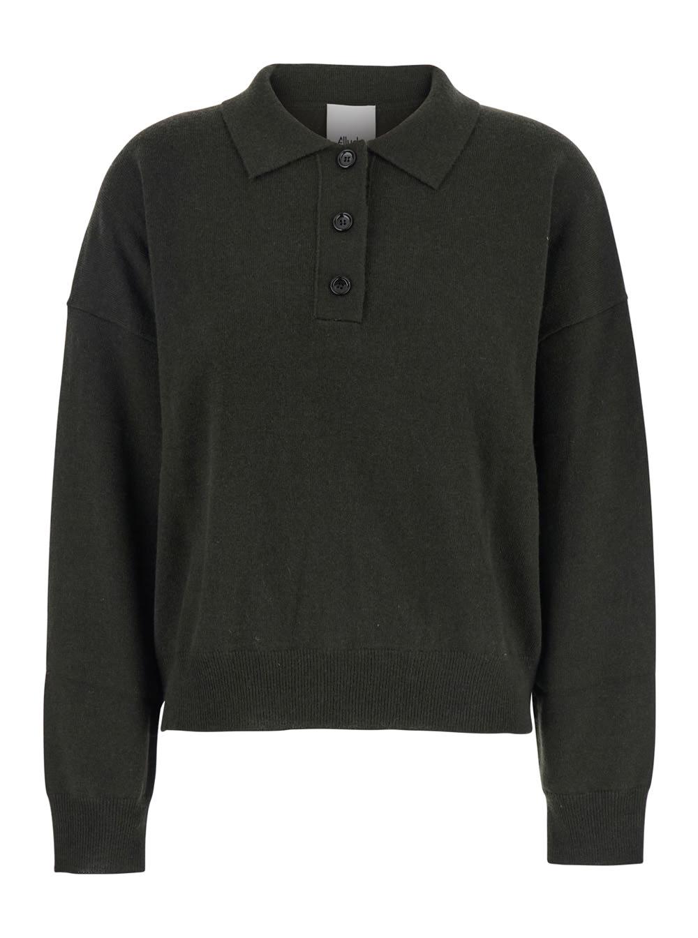 allude green polo shirt with classic collar and ribbed trims in wool woman
