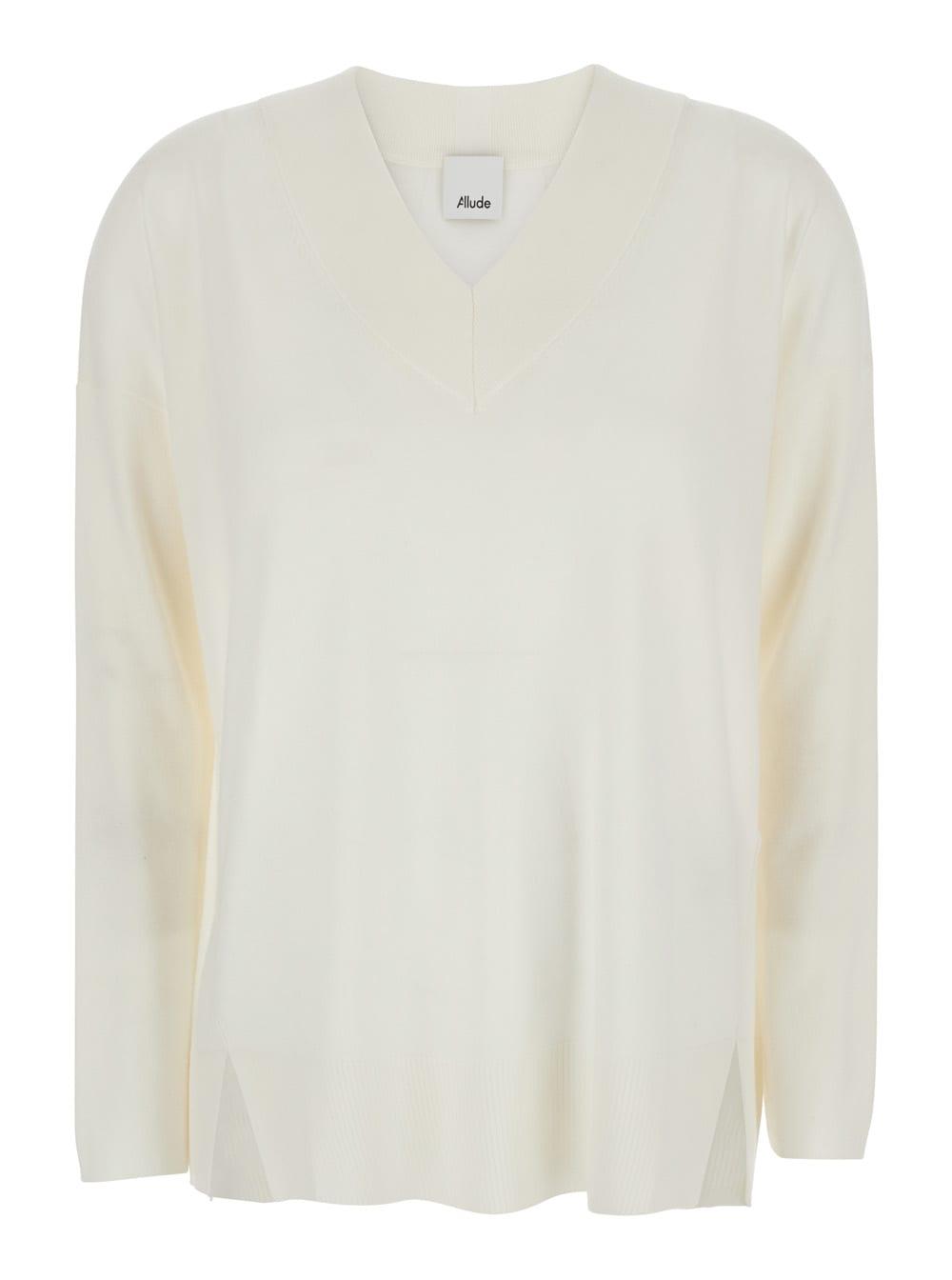 allude white sweater with v neck in wool woman