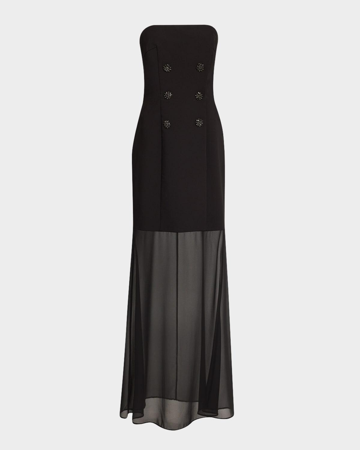 ally strapless sheer-skirt crepe gown