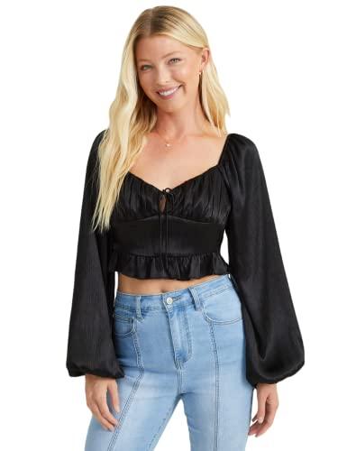 altar'd state women's grace top, long sleeve satin silk crop top, fitted black string tied casual shirt, black, small