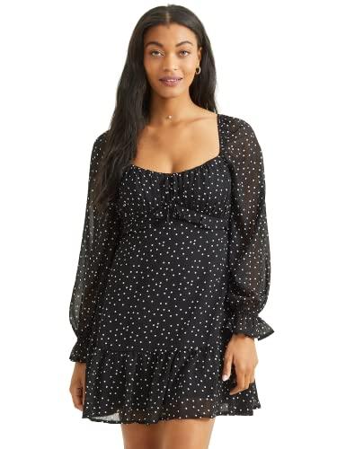 altar'd state women's long sleeve polka-dot dress, scoop neck casual summer and fall patterned short length dress, black and white, extra large