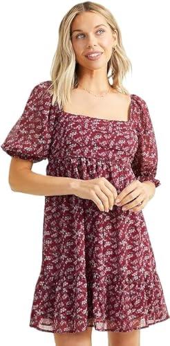 altar'd state women's short sleeve floral dress, square neck casual summer and fall patterned short length, burgundy floral dress, medium