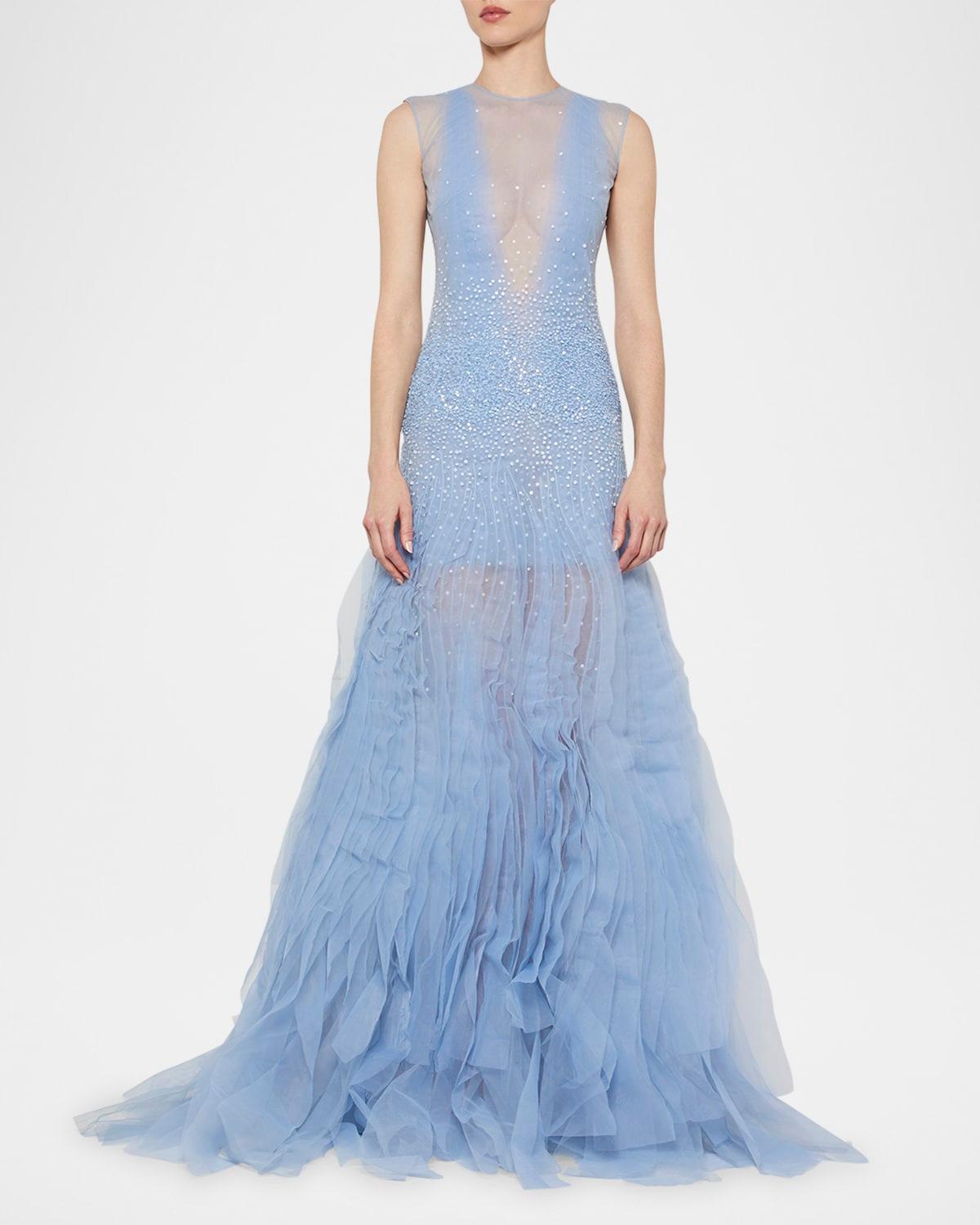 alva embellished ruffle illusion gown