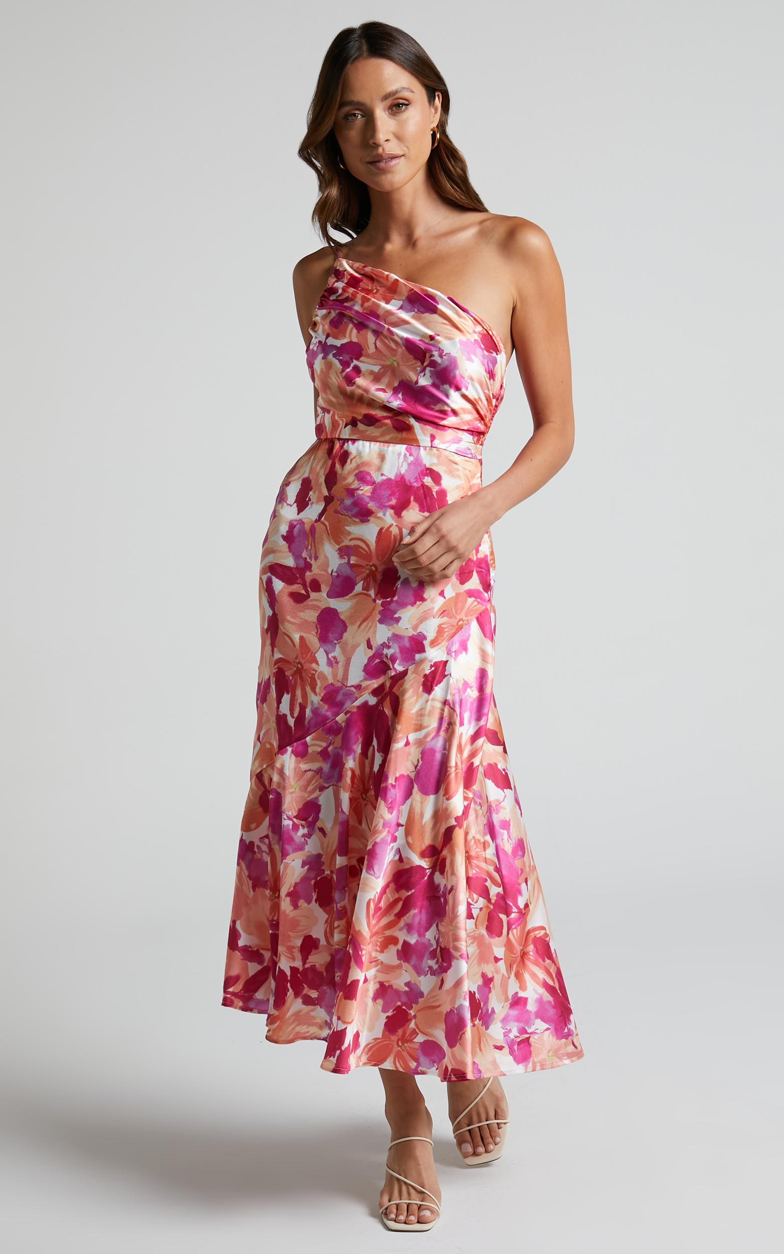 alyssia midi dress - one shoulder ruched satin dress in pink floral