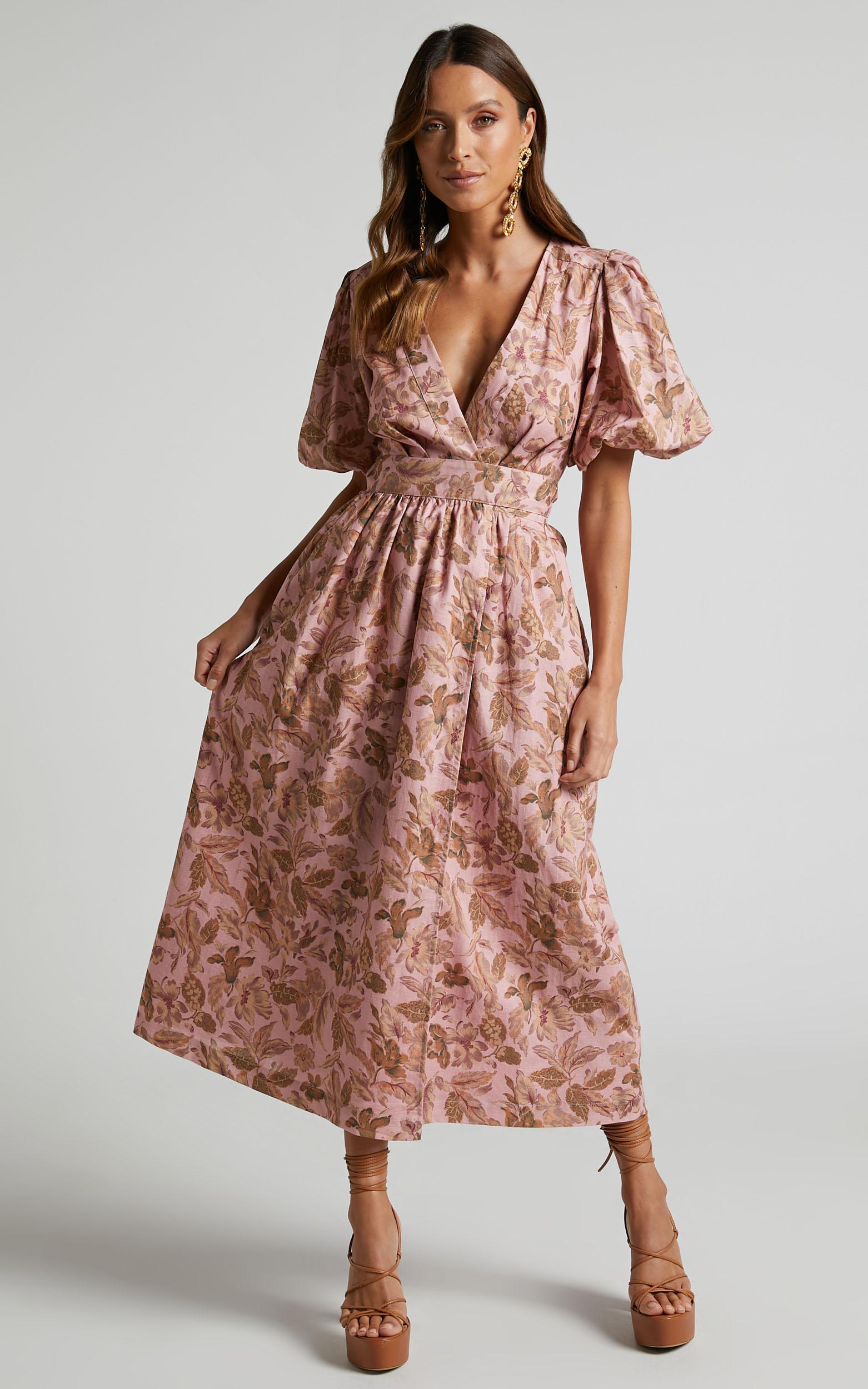 amalie the label - franc linen puff sleeve wrap midi linen dress in vahala print