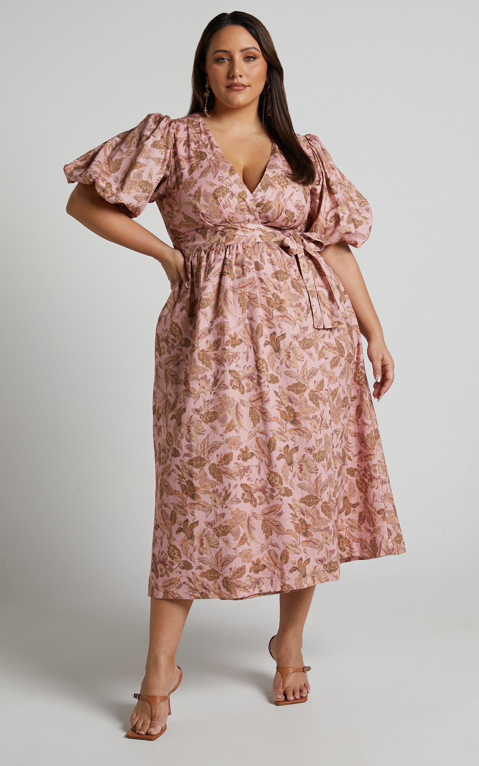 amalie the label - franc linen puff sleeve wrap midi linen dress in vahala print