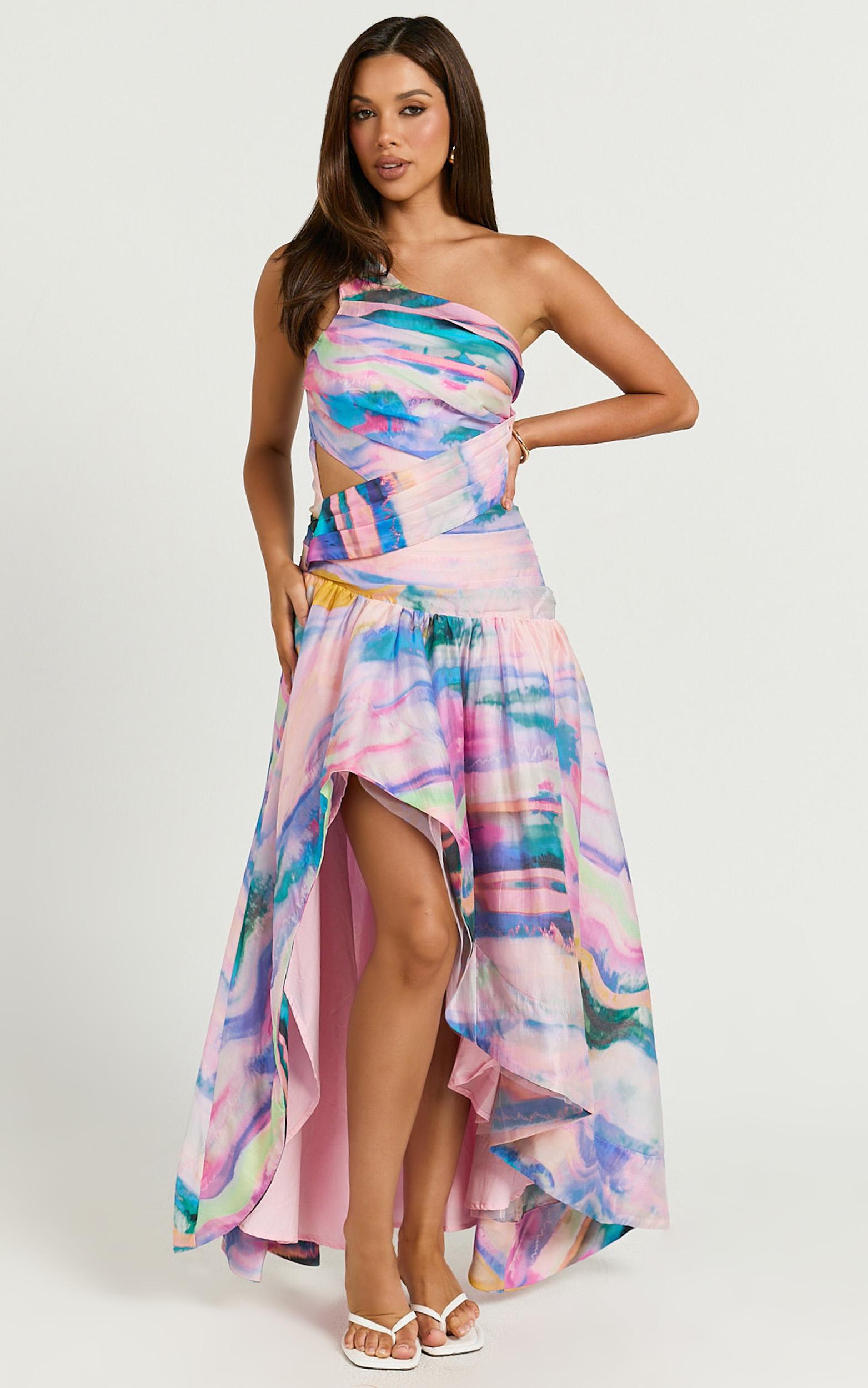 amalie the label - keziah one shoulder asymmetric midi dress in abstract sunset print