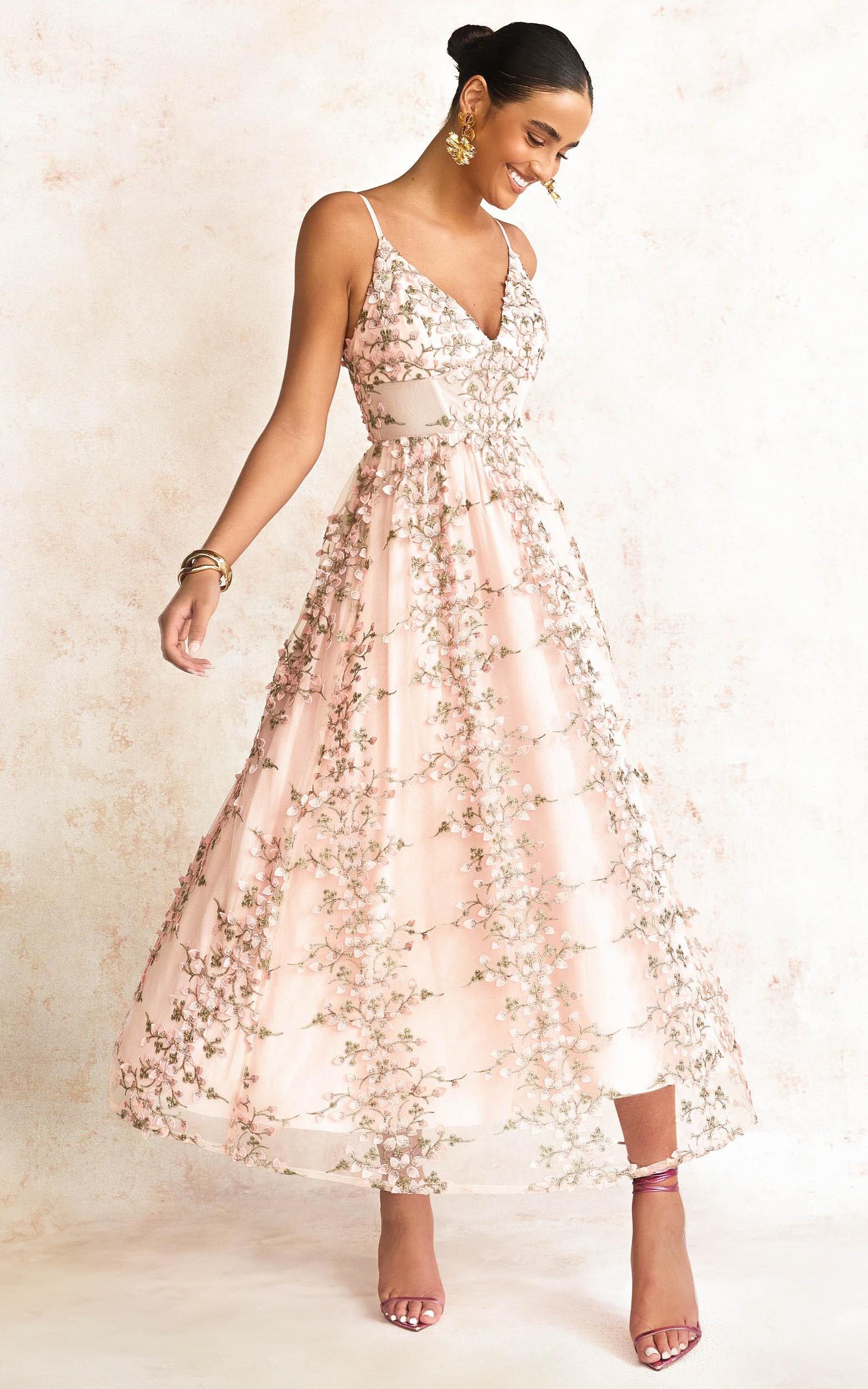 amalie the label - lou v neck embroidered tulle maxi dress in blush