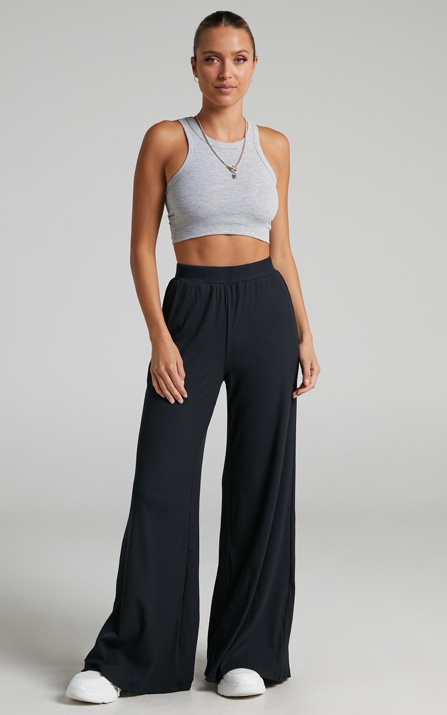 amalthea pants - high waisted jersey rib wide leg pants in black