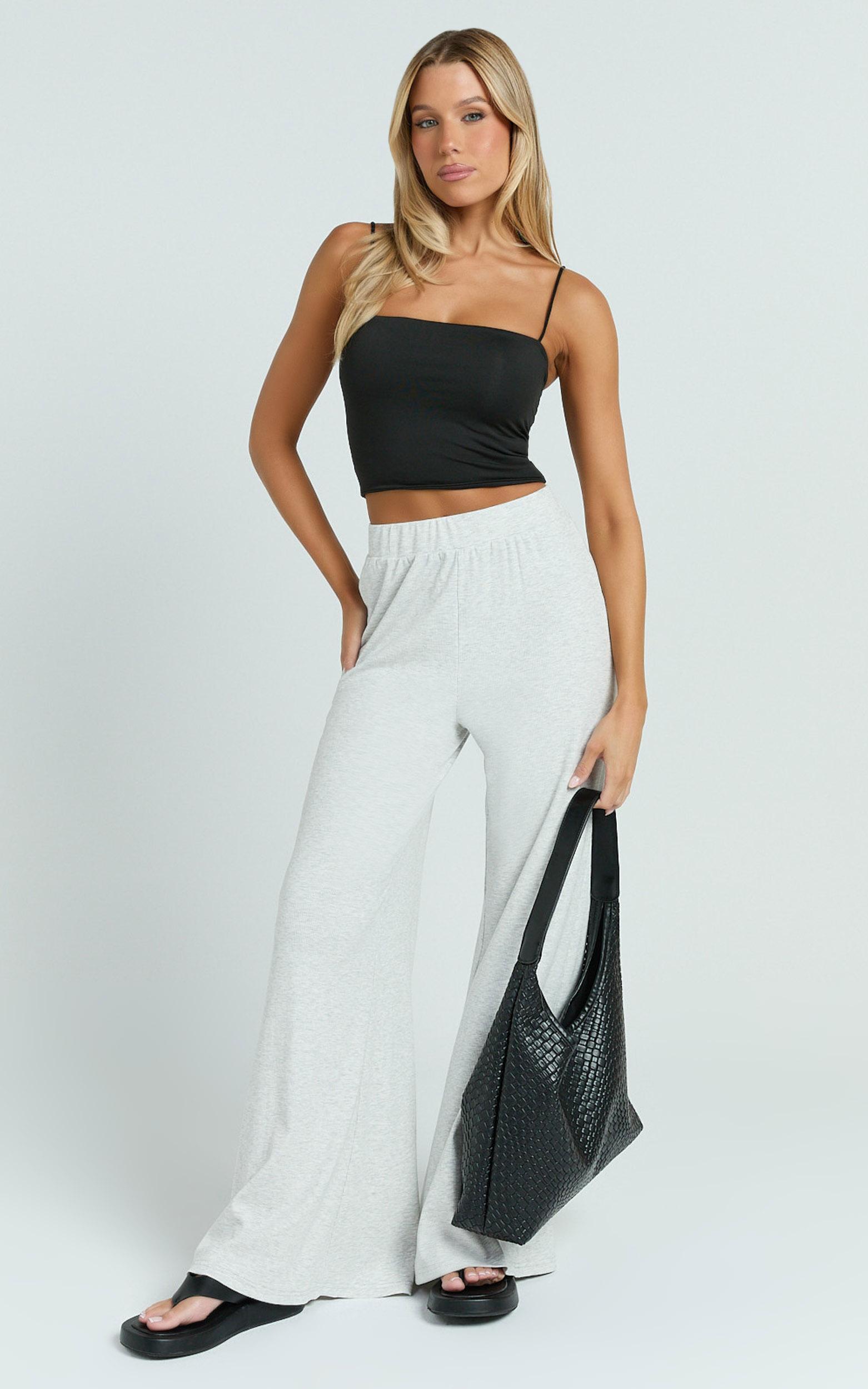 amalthea pants - high waisted jersey rib wide leg pants in light grey marl