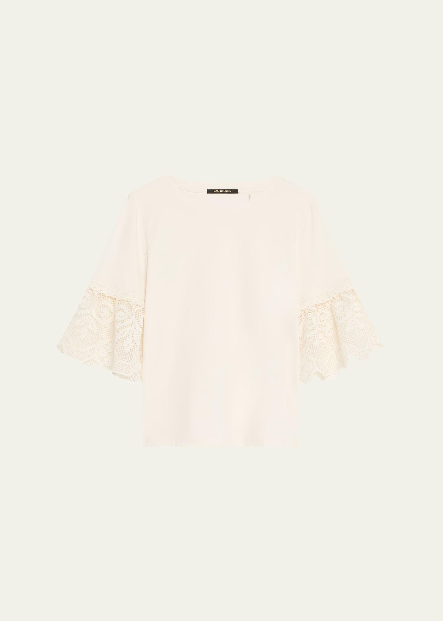 amanda floral lace-cuff cotton t-shirt