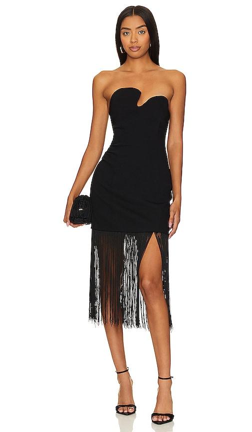amanda uprichard puzzle strapless with fringe dress in black.