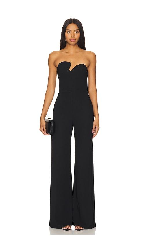 amanda uprichard strapless puzzle jumpsuit in black.