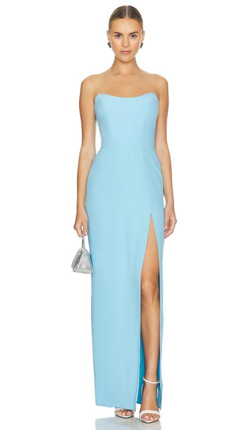 amanda uprichard x revolve chamberlain maxi dress in baby blue.