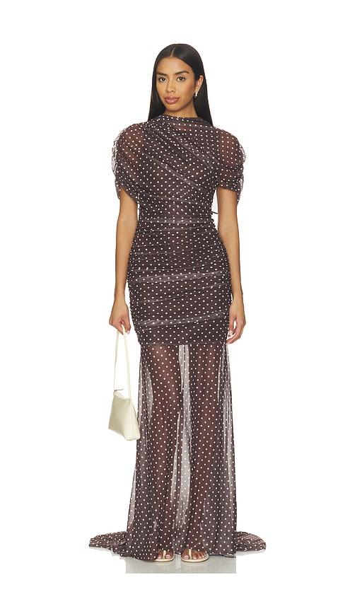 amanda uprichard x revolve evianna mesh gown in chocolate.