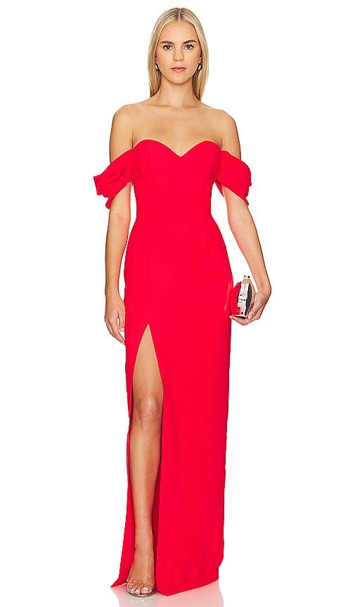 amanda uprichard x revolve falcon gown in red.