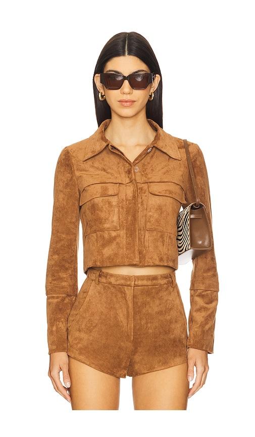 amanda uprichard x revolve lucas suede jacket in tan.