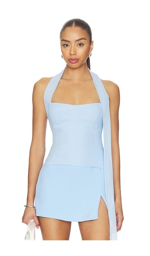 amanda uprichard x revolve olympia top in baby blue.